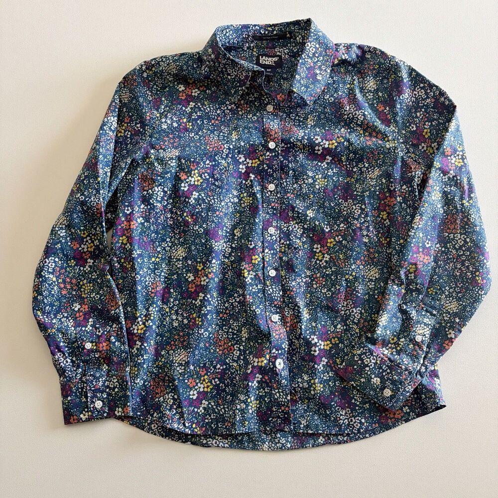 Lands End Women’s Blue Floral Ditsy Button Up No Iron Supima 8 Petite